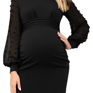 Black Ruched Bodycon Dress with Bishop Sleeves